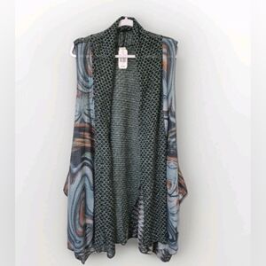 This & That Teal Multi Color Open Front Sleeveless Cardigan Kimono